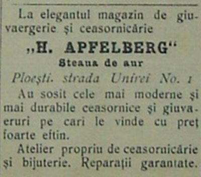 reclama H. Apfelberg "La Steaua de Aur" - Ploiesti