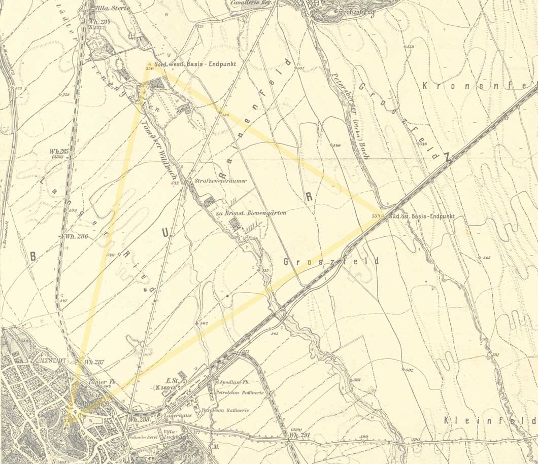 triangulatia de baza a Kronstadt/Brasov [1886] | extras din harta "Habsburg Empire -3rd Military Survey" (1869-1887)