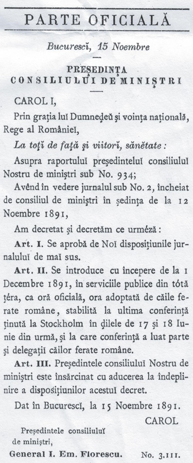 Monitorul Oficial | nr. 181 din 16 (28) Noiembrie 1891 | Inalt Decret Regal - "ora oficiala a Romaniei" 