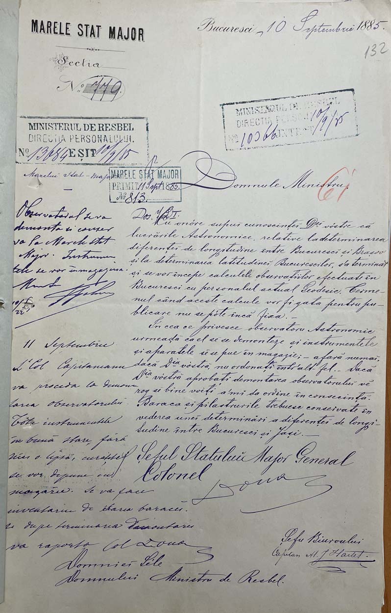 Marele Stat Major | Ministerul de Razboi | finalizarea observatiilor diferenta longitudine Brasov - Bucuresti | 1885