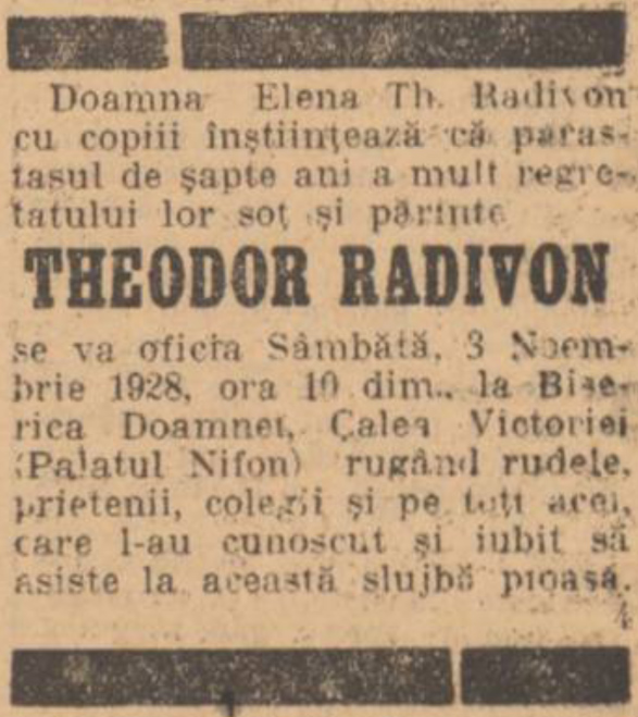anuntul parastasului de 7 ani - Theodor Radivon | Universul nr. 255 / 02.11.1928