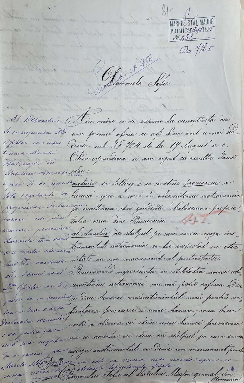 scrisoare W.H. Oppler | observator astronomic Bucuresti | 1885