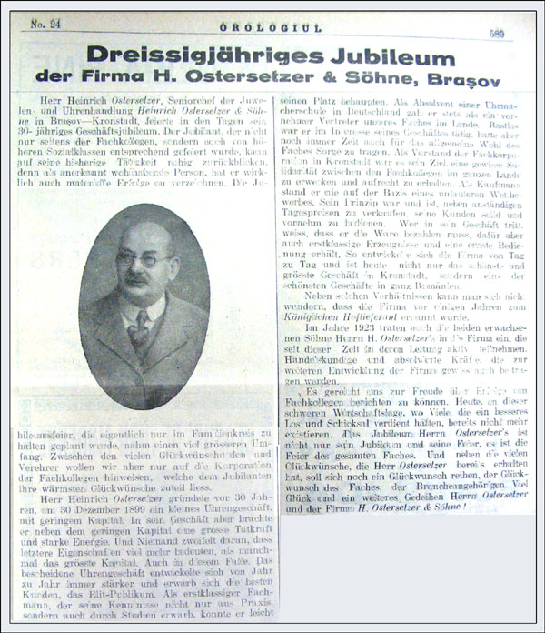 Orologiul nr. 24/decembrie 1929 | H. Ostersetzer - 30 ani de activitate