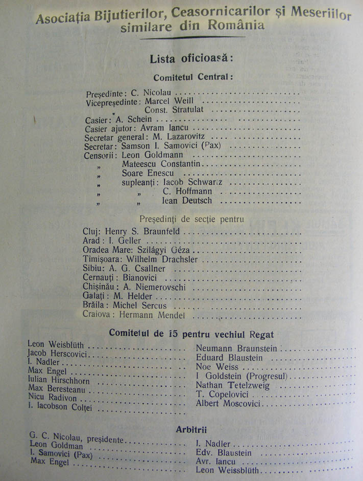 comitetul de conducere al Asociatiei Bijutierilor si Ceasornicarilor | 1926