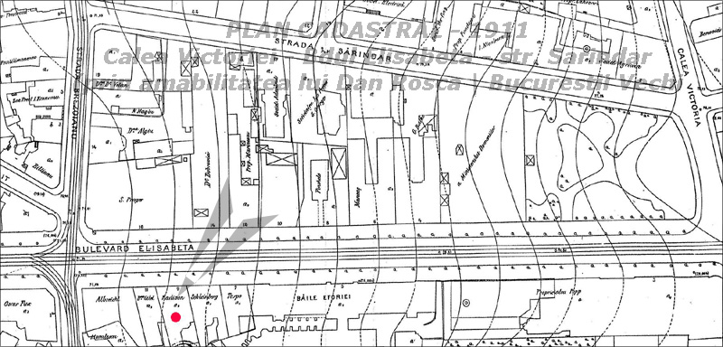 plan cadastral 1911 | Calea Victoriei - Bdul Elisabeta - str. Sarindar | localizarea imobilului Radivon (punct rosu) | prin amabilitatea - Dan Rosca (Bucuresti)