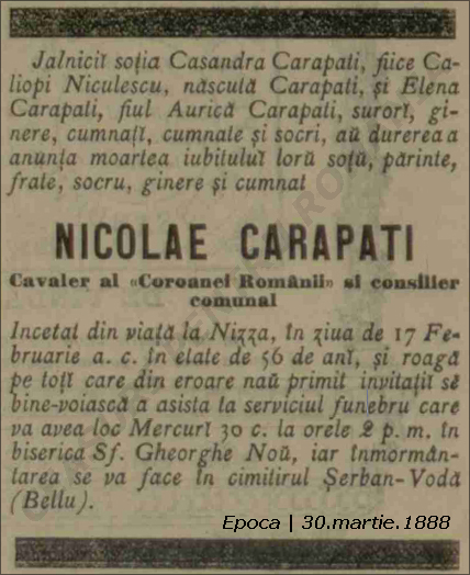 anuntul decesului ziarul "Epoca" Nicolae Carapati | n.1832 - d.1888