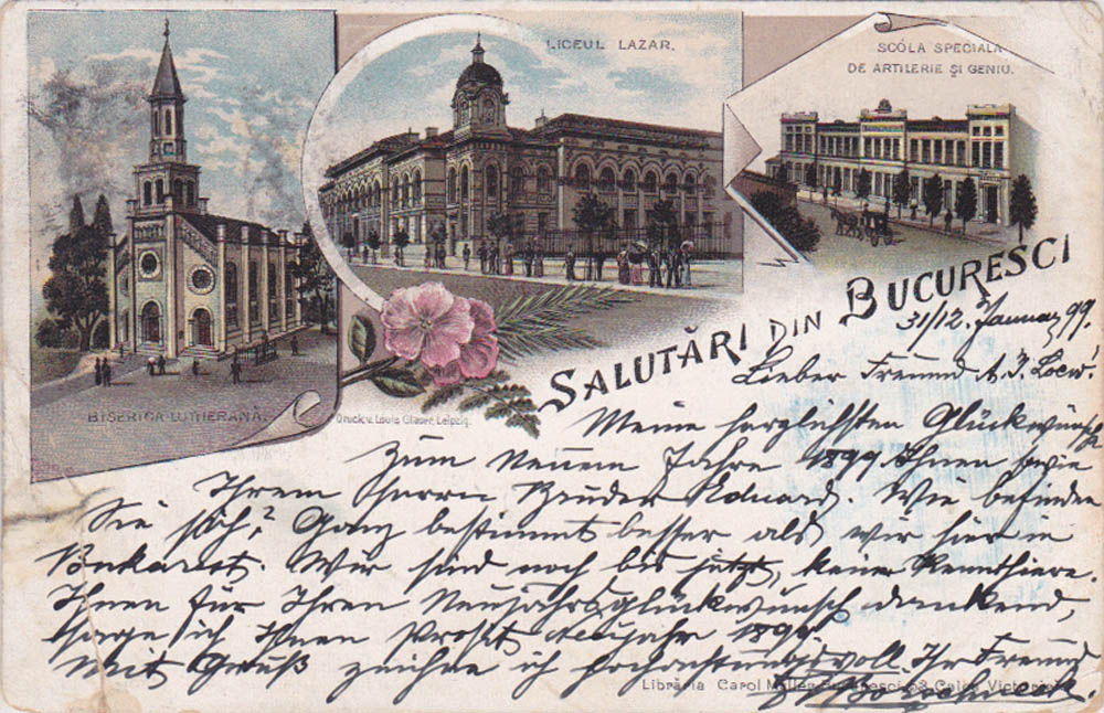 carte postala lithografie - 1899 "Salutari din Bucuresti" | Biserica Luterana / Liceul Lazar / Scoala Speciala de Artilerie si Geniu