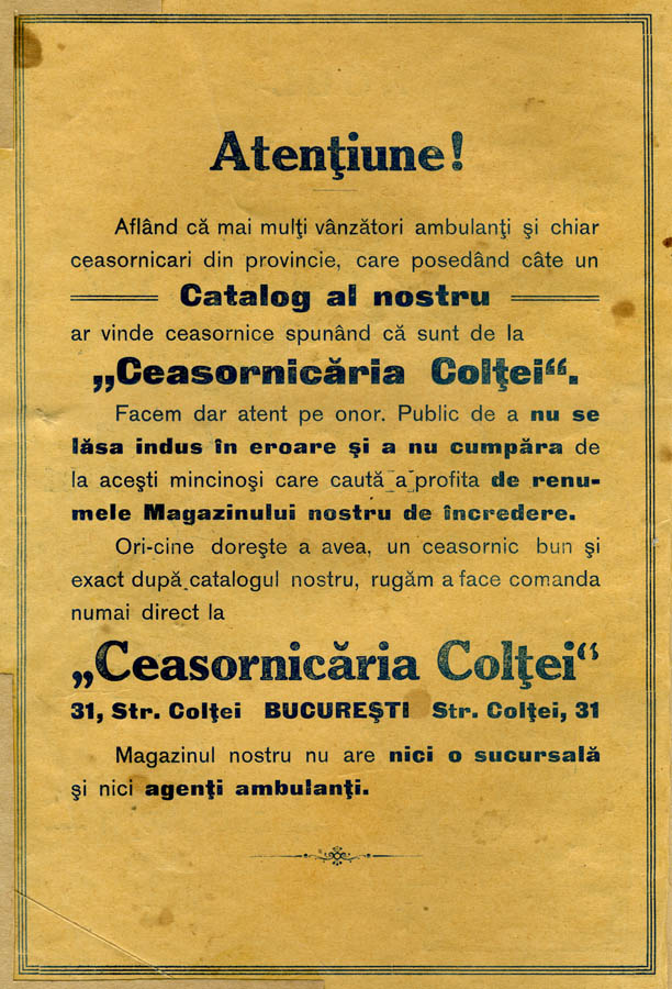 catalog Ceasornicaria Coltei | aprox. 1910-1913