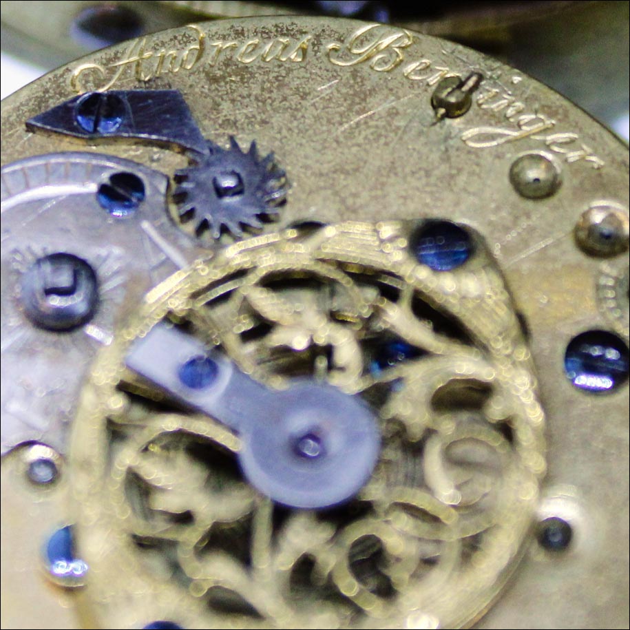 ceas de buzunar - "Andreas Beringer in Grosswardein" | aprox. 1750 [detaliu inscriptionare mecanism]