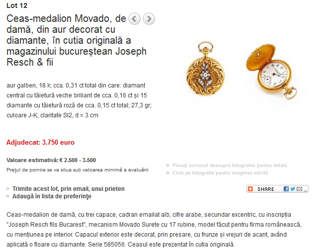 licitatie Artmak - 2012 | ceas Movado dama inscriptionat "Joseph Resch Fils Bucarest"