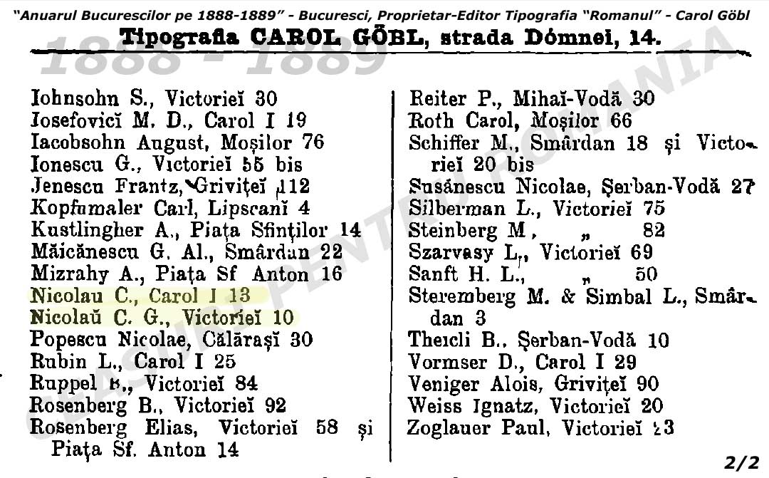 Anuarul Bucurestilor | 1888-1889 | C. Nicolau - C.G. Nicolau