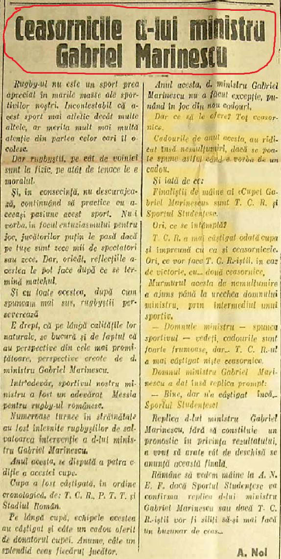 Gazeta Sporturilor nr. 2603, 28 noimebrie 1937 | autor: A. Noi - "Ceasornicile d-lui ministru Gabriel Marinescu", p.1