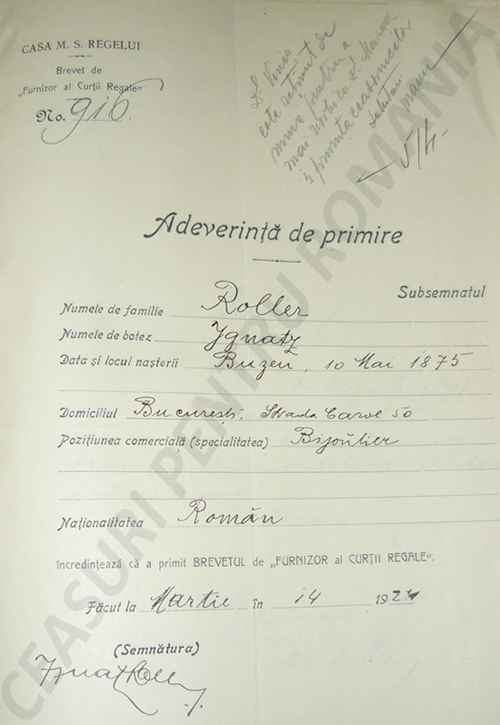 adeverinta primire certificat "Furnizor al Casei Regale" | Compania "Fratilor Roller" | 1924