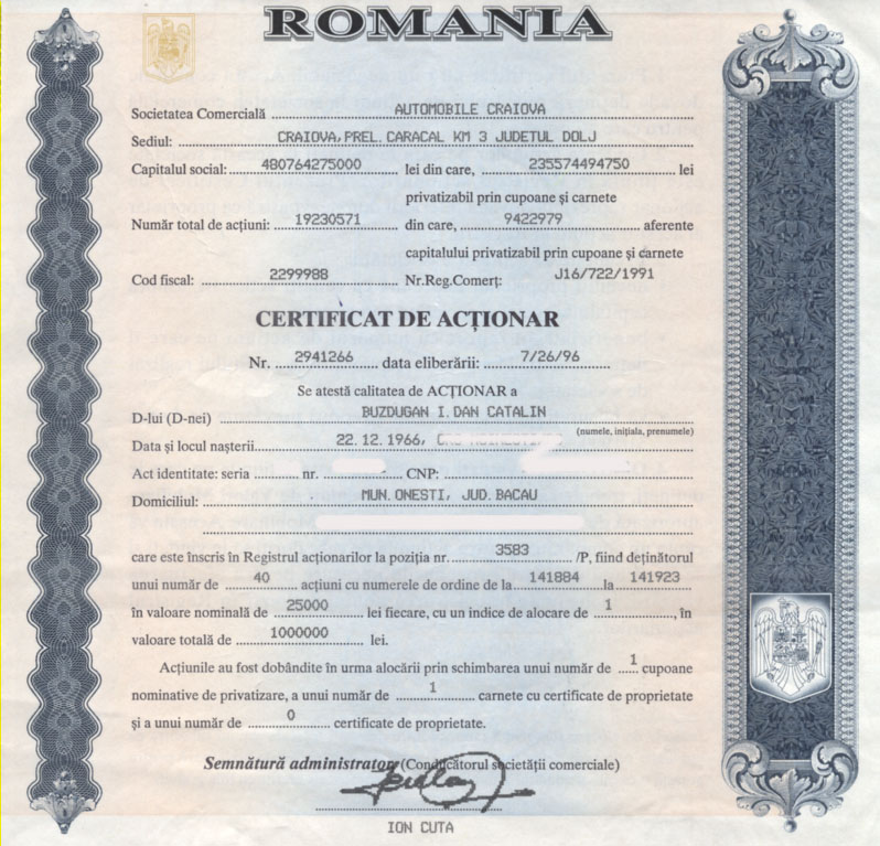 certificat actionar Automobile Craiova | 1996