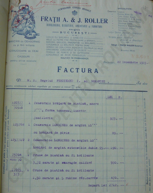 Factura - Casa Regala | M.S. Regele Ferdinand I | 22.decembrie.1915