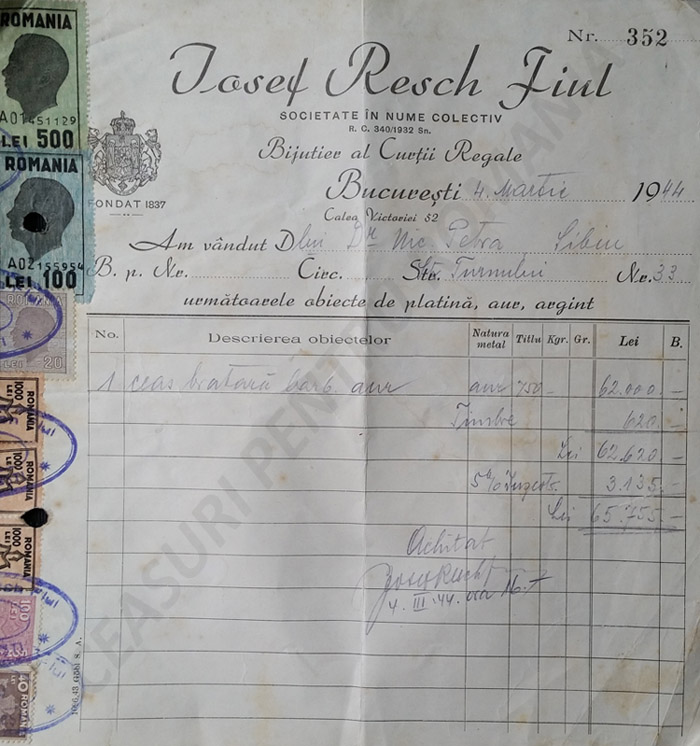 Josep Resch invoice | 1944 (scan via Alin Bada)