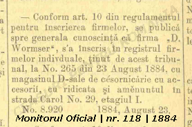 company registration M.O. | D. Wormser | 1884