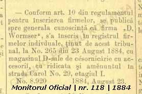 inregistrare firma M.O. | D. Wormser | 1884