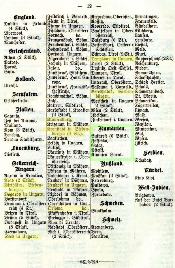 instalari de orologii Mannhardt 1883 | in chenar verde locatiile din Regatul Romaniei (Bucuresti, Focsani, Galati, Pitesti si Ramnicu-Valcea)