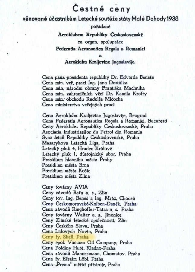 lista premiilor Concursului Aviatic al Micii Antante - 1938 | dupa programul concursului (sursa - bibliografie 1)