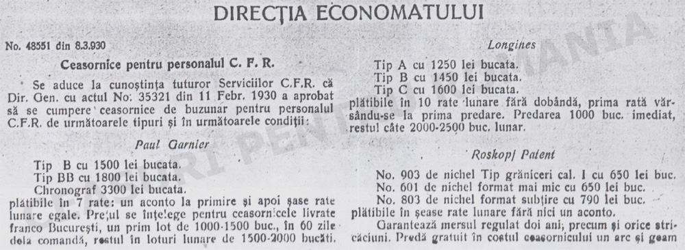 ceasuri CFR | Economatul CFR | Monitorul CFR 1930