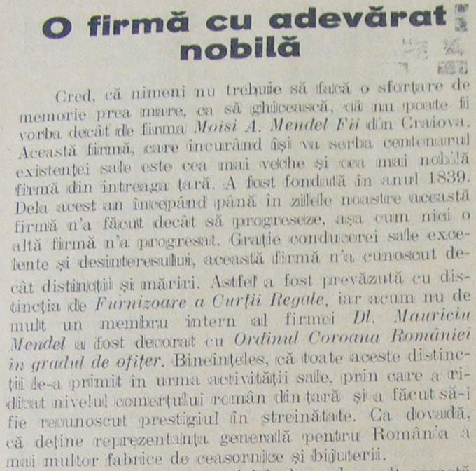 "O firma cu adevarat nobila" - Moisi A. Mendel | Orologiul, an IV, nr. 5 - martie.1930