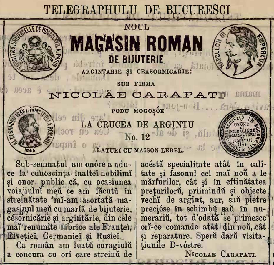 reclama Nicolae Carapati | "Telegraphulu de Bucuresti" | 4 aprilie 1871