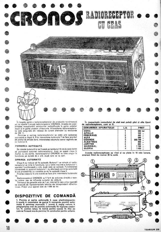 reclama radioreceptor cu ceas Cronos | Tehnium nr. 3 - 1980