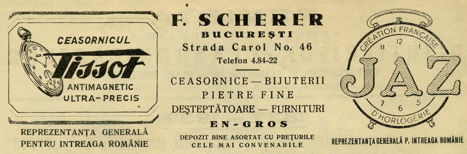 Tissot in Romania  | reclama F. Scherer | Revista Asociatiei Ceasornicarilor | 1938