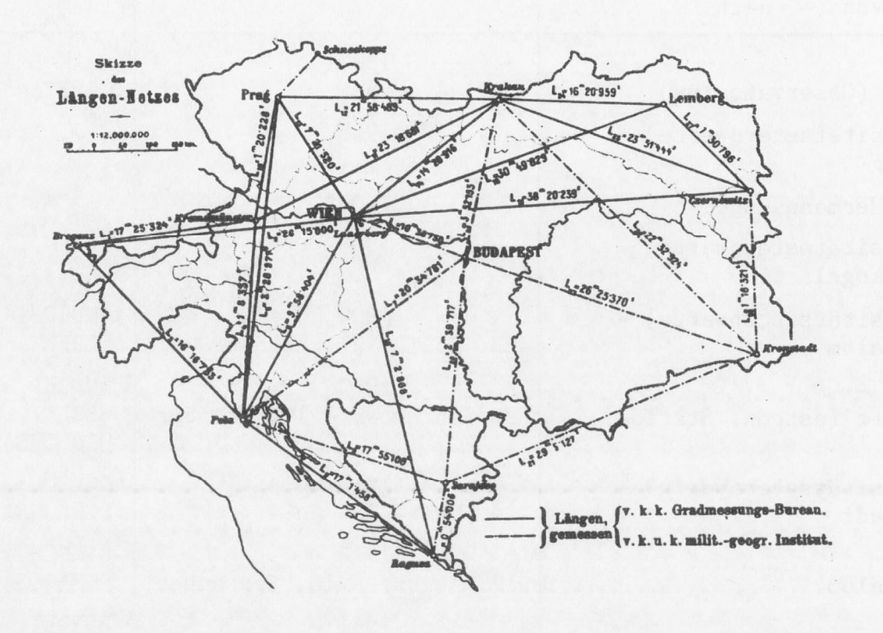 schita liniilor de baza - Imperiul Austro-Ungar cu diferentele de longitudine puncte baza | 1885