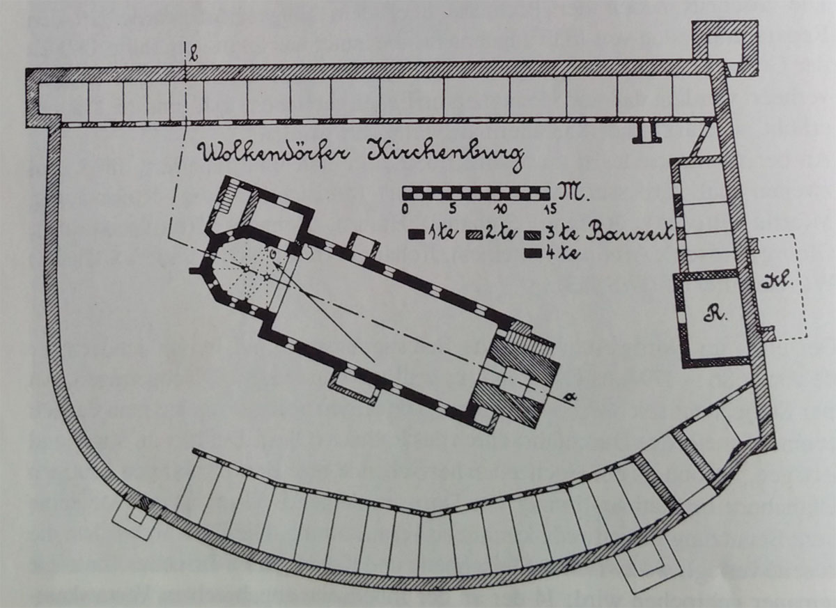 planul incintei / etape constructie - biserica Vulcan (dupa W. Horwath - ref. bibliografie 3)